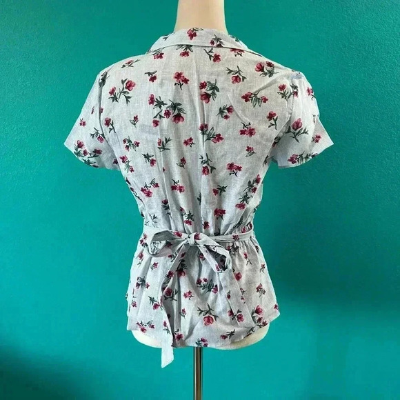 NWT Zara Blue & Red Floral Linen & Cotton Blend Wrap Blouse Top Size XS - Picture 4 of 6